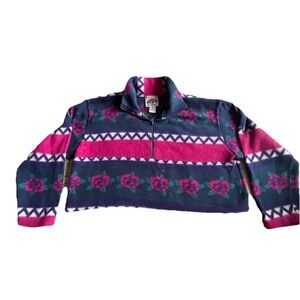 Vintage No Excuses Quarter Zip Fleece Top Pullover Floral‎ Small Cropped